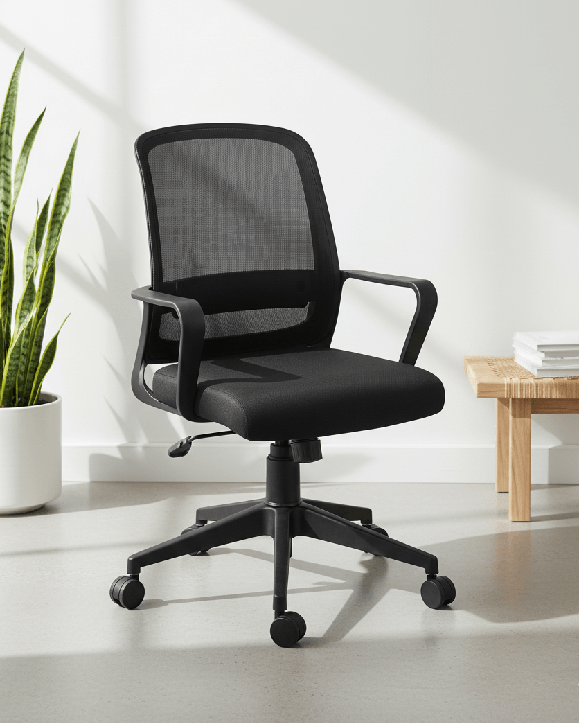 Front view of black mid-back ergonomic office chair with moulded foam seat and back, hydraulic gas lift and nylon swivel base with castors – Robo MB by Kazuri