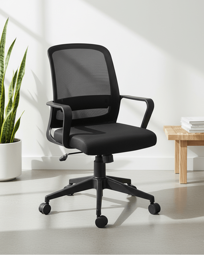 Front view of black mid-back ergonomic office chair with moulded foam seat and back, hydraulic gas lift and nylon swivel base with castors – Robo MB by Kazuri
