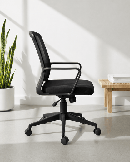 Side view of Robo MB mid-back ergonomic office chair showing foam seat depth and gas lift column – Kazuri Store