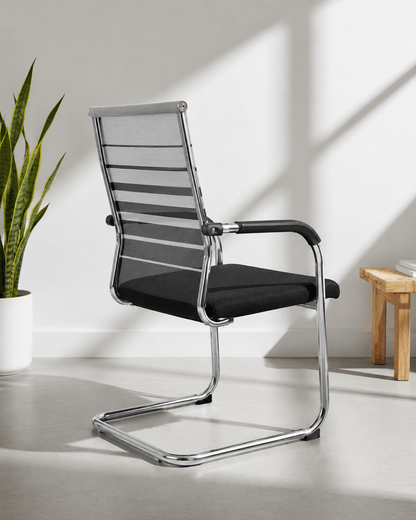 Rear view of SM 726 fixed visitor chair showing moulded foam back and chrome fixed base – Kazuri Store