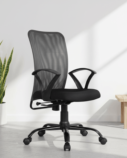 Front view of Sigma MB mid-back mesh revolving office chair showing grey mesh back, black cushioned seat and MS black PC base – Kazuri Store