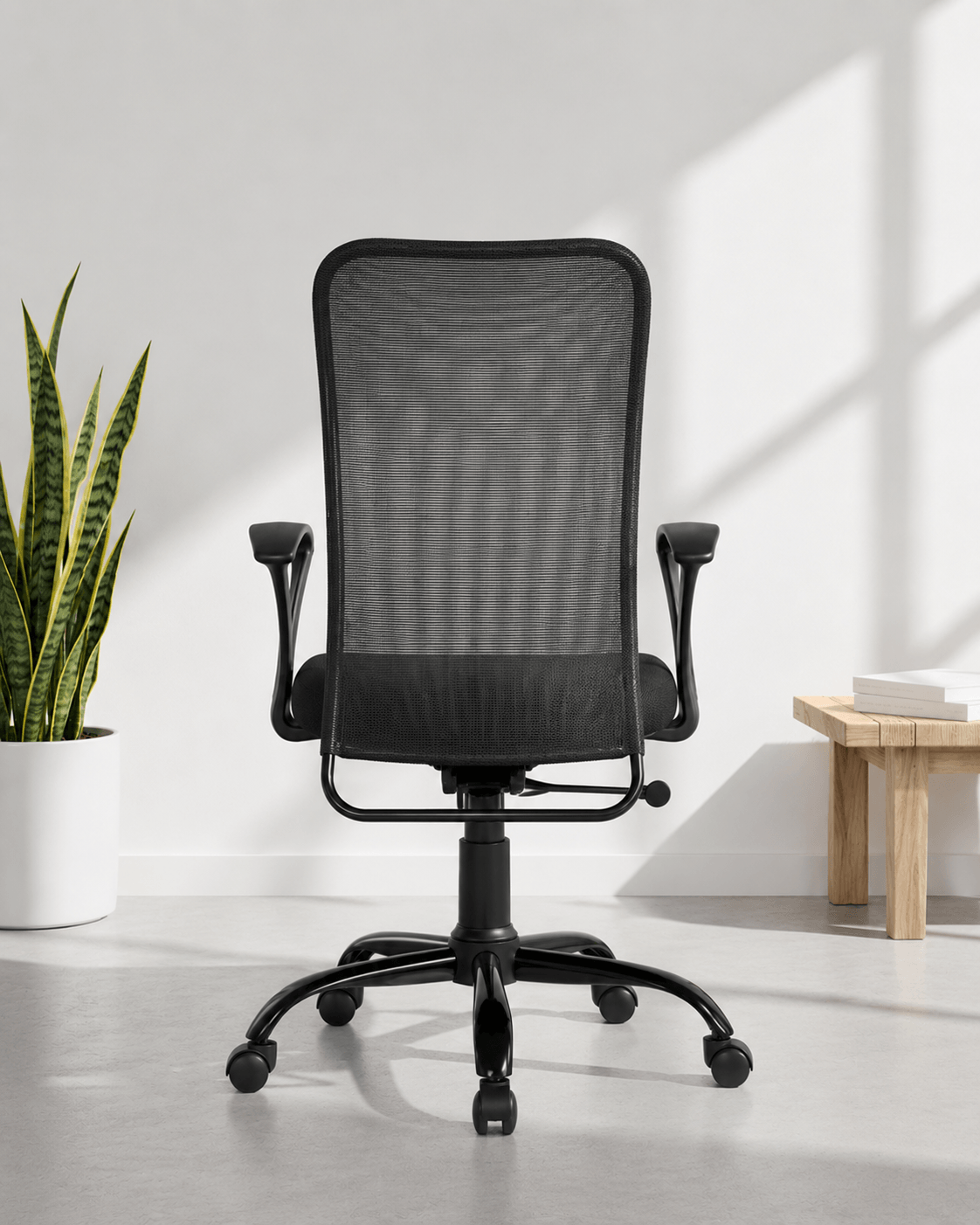 Rear view of Sigma MB mid-back mesh revolving office chair showing grey mesh back and MS black PC five-star swivel base – Kazuri Store