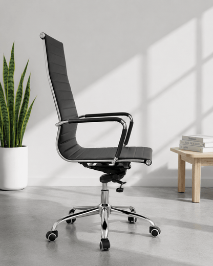 Side view of Sleek high back executive office chair showing cushioned back, fixed armrests and chrome 5-star base – Kazuri Store