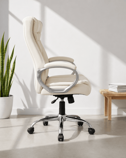 Side view of cream high-back executive cushioned revolving office chair with integrated headrest, padded armrests and chrome five-star swivel base – Tycoon by Kazuri