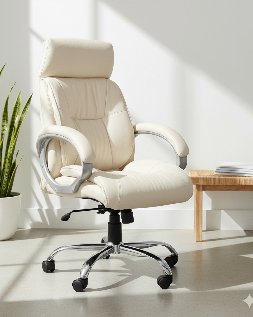 Front view of cream high-back executive cushioned revolving office chair with integrated headrest, padded armrests and chrome five-star swivel base – Tycoon by Kazuri