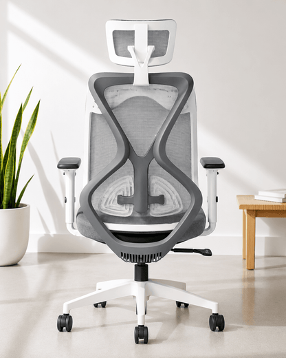 Back view of grey high-back ergonomic mesh revolving office chair with multilock mechanism, adjustable headrest, lumbar support and chrome base – Zen by Kazuri