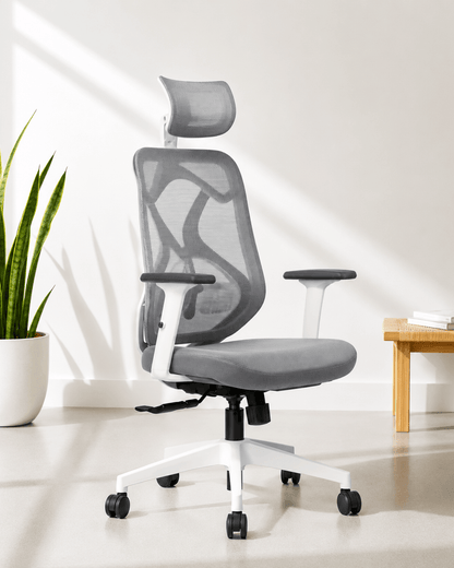 Front view of grey high-back ergonomic mesh revolving office chair with multilock mechanism, adjustable headrest, lumbar support and chrome base – Zen by Kazuri