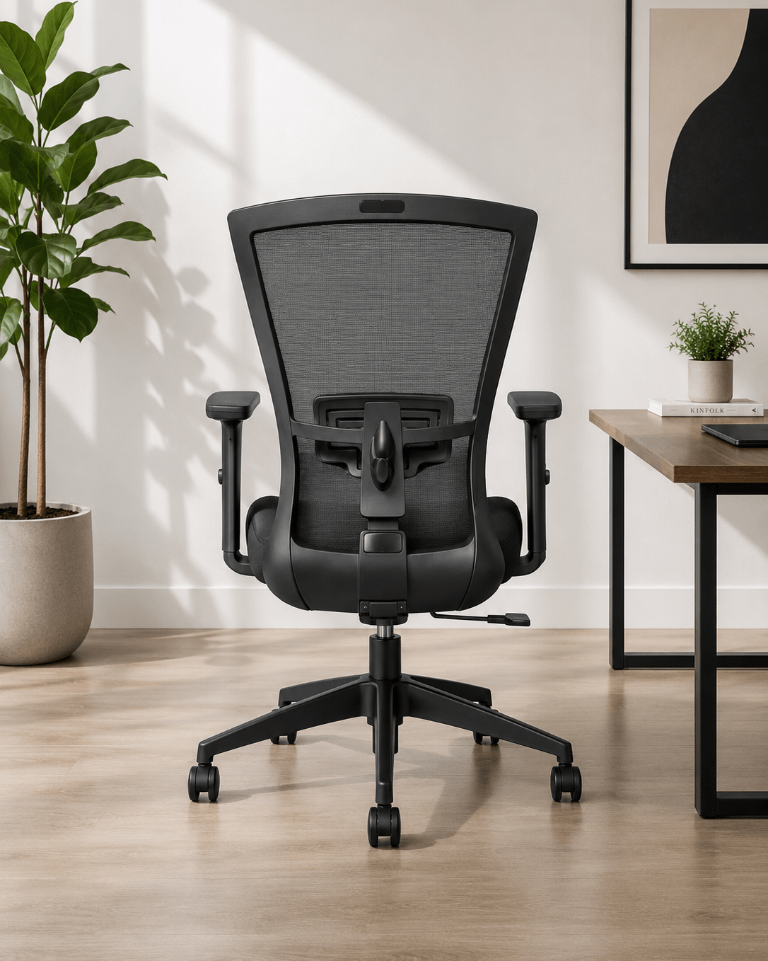 Rear view of Zinc MB mid-back ergonomic mesh office chair showing breathable mesh back, adjustable lumbar support and nylon swivel base – Kazuri Store