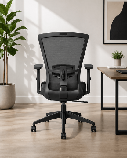 Rear view of Zinc MB mid-back ergonomic mesh office chair showing breathable mesh back, adjustable lumbar support and nylon swivel base – Kazuri Store