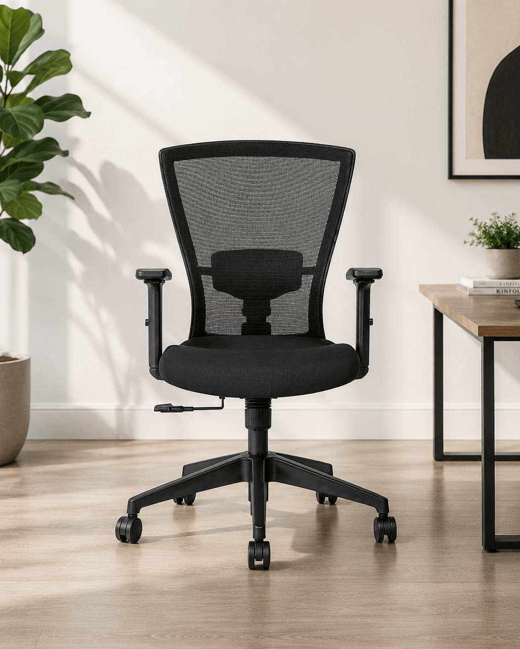 Front view of black mid-back ergonomic mesh revolving office chair with cushioned seat, adjustable lumbar support, 2-way armrests and nylon base with castors – Zinc MB by Kazuri