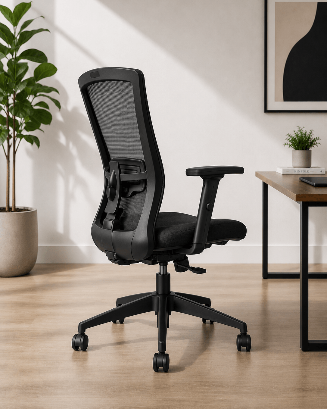 Side view of Zinc MB mid-back ergonomic mesh office chair showing seat cushion depth, 2-way armrests and gas lift column – Kazuri Store