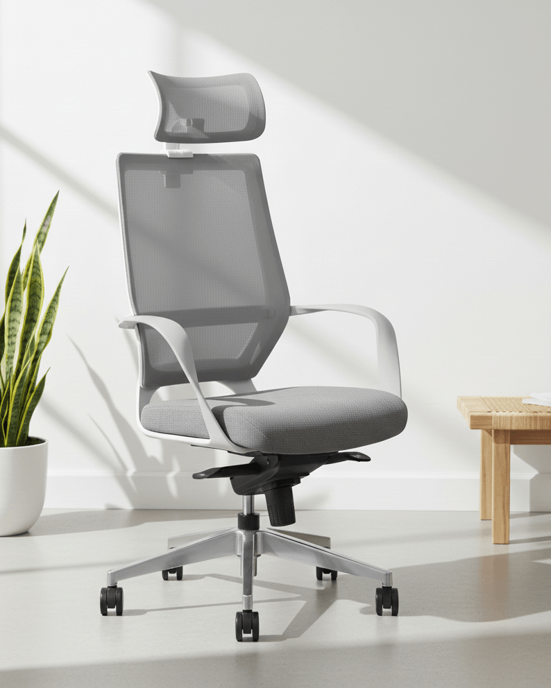 Front view of black high-back ergonomic mesh revolving office chair with adjustable headrest, multilock knee-tilt mechanism and premium aluminium base – Zak HB by Kazuri