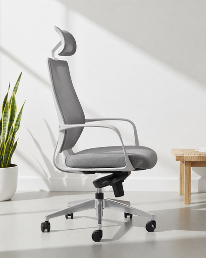 Side view of Zak HB high-back ergonomic mesh office chair showing headrest height, mesh back and aluminium five-star base – Kazuri Store