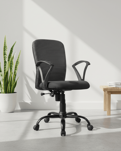 Front view of Zebra MB mid-back striped fabric office chair showing black and white horizontal stripe back and MS black PC base – Kazuri Store