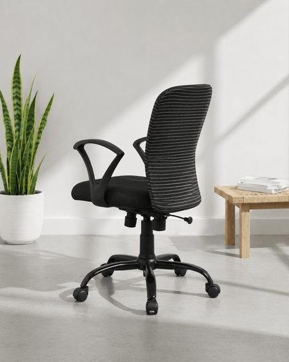 Rear view of Zebra MB mid-back fabric revolving office chair showing distinctive black and white horizontal stripe pattern and MS black PC five-star base – Kazuri Store