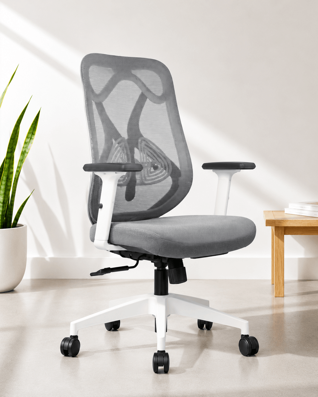 Front view of grey mid-back ergonomic mesh revolving office chair with multilock mechanism, adjustable lumbar support, 2-way armrests and chrome base – Zen MB by Kazuri