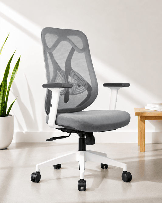 Front view of grey mid-back ergonomic mesh revolving office chair with multilock mechanism, adjustable lumbar support, 2-way armrests and chrome base – Zen MB by Kazuri