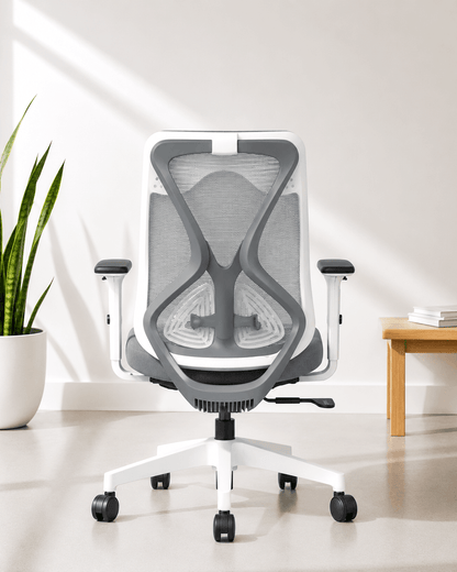 Back view of grey mid-back ergonomic mesh revolving office chair with multilock mechanism, adjustable lumbar support, 2-way armrests and chrome base – Zen MB by Kazuri