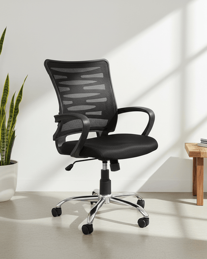 Front view of black mid-back ergonomic office revolving chair with cushioned seat and nylon swivel base with castors – Zig Zag MB by Kazuri