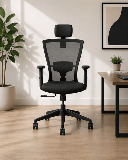Front view of black high-back ergonomic mesh revolving office chair with headrest, adjustable lumbar support, 2-way armrests and nylon base with castors – Zinc HB by Kazuri
