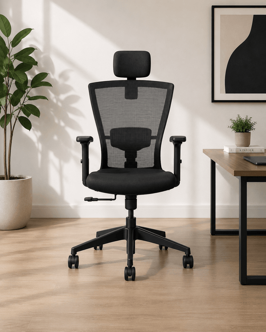 Front view of black high-back ergonomic mesh revolving office chair with headrest, adjustable lumbar support, 2-way armrests and nylon base with castors – Zinc HB by Kazuri