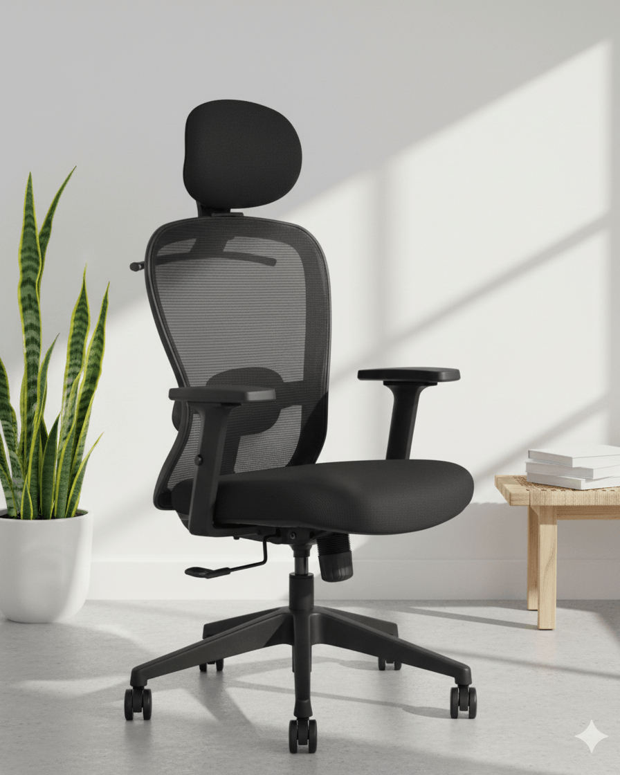 Front view of Dune high back ergonomic mesh revolving office chair with cushioned seat, lumbar support, adjustable headrest and nylon base – Kazuri Store