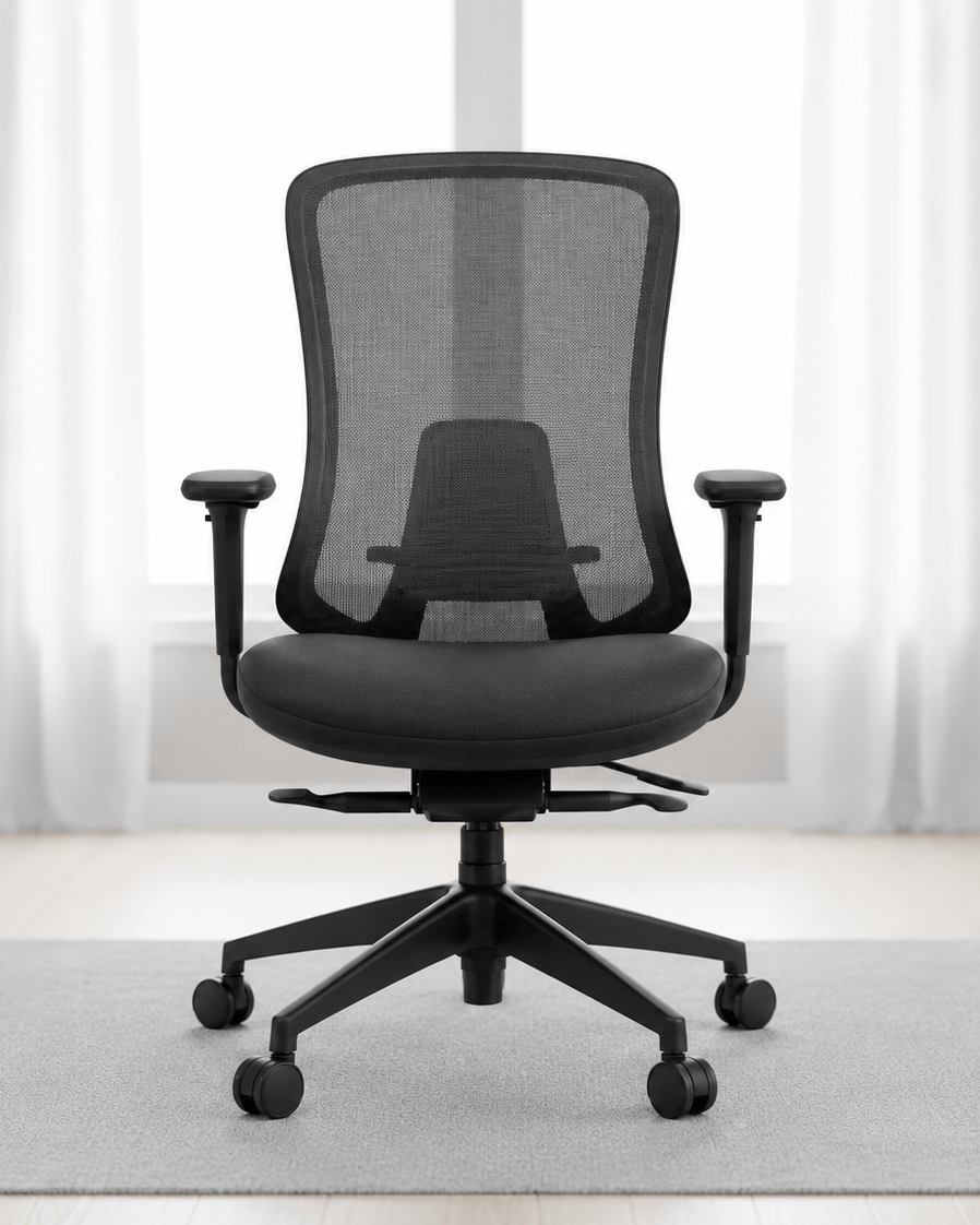 Front view of black mid-back ergonomic revolving office chair with moulded foam seat, adjustable armrests and hydraulic gas lift base – Fedo MB by Kazuri