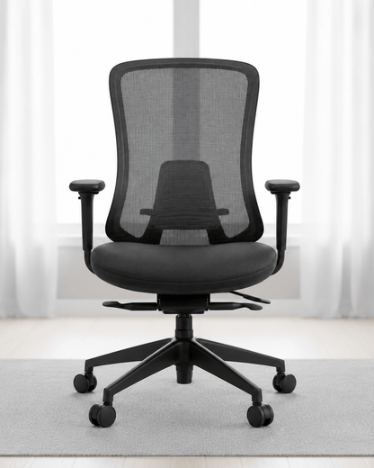 Front view of black mid-back ergonomic revolving office chair with moulded foam seat, adjustable armrests and hydraulic gas lift base – Fedo MB by Kazuri