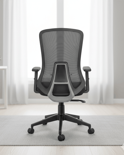 Back view of black mid-back ergonomic revolving office chair with moulded foam seat, adjustable armrests and hydraulic gas lift base – Fedo MB by Kazuri