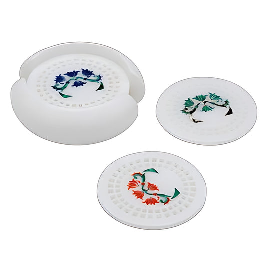 Marble Inlay Jali Coaster Set with Holder by Kazuri