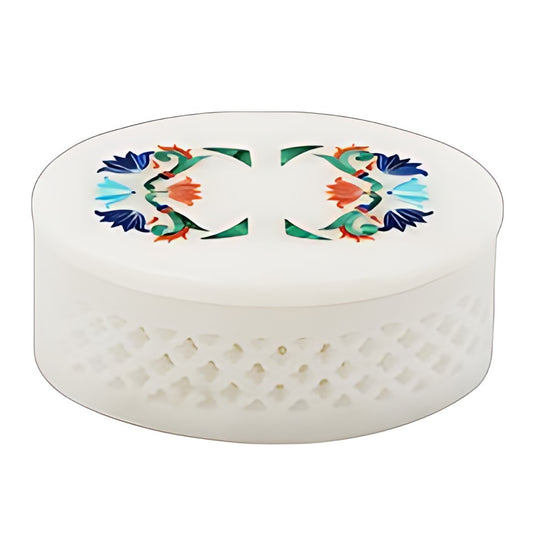 Marble Inlay Round Box with Jali Base by Kazuri