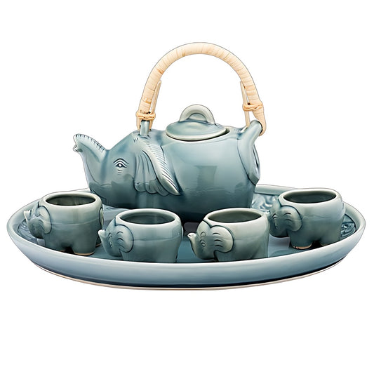 Celadon Elephant Tea Set on Tray by Kazuri