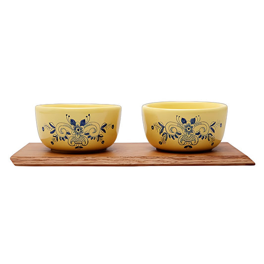 French Porcelain Bowls on Wooden Tray by Kazuri