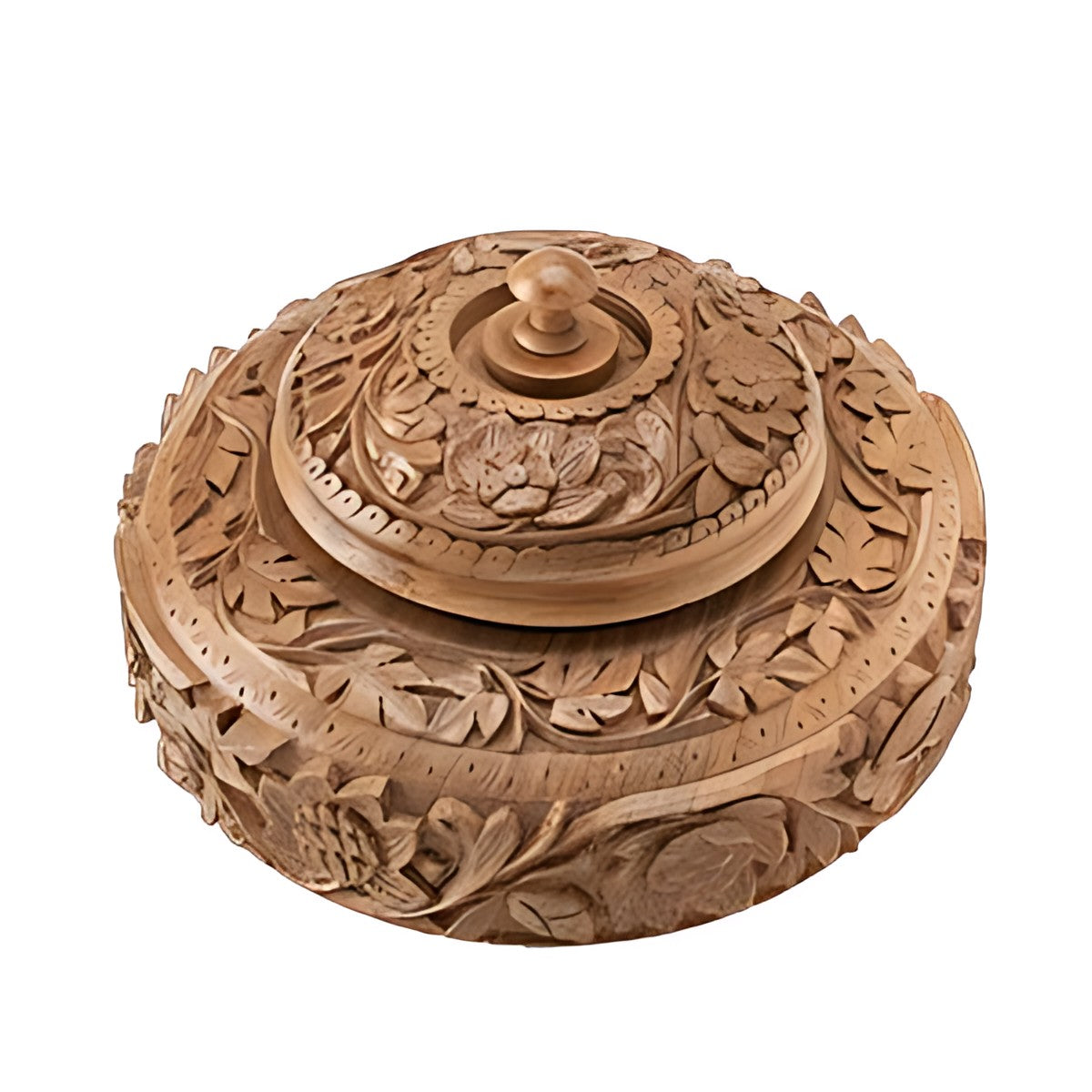 Kashmiri Walnut Wood Carved Round Box with Lid by Kazuri