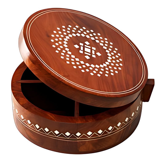 Wood Inlay Round Masala Box by Kazuri