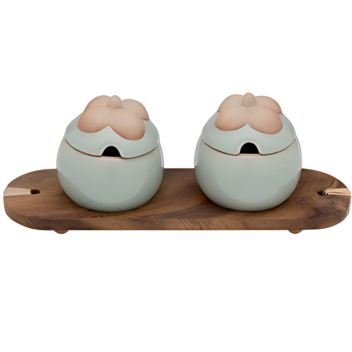 Celadon Lotus Bud Condiment Jars on Wooden Tray by Kazuri