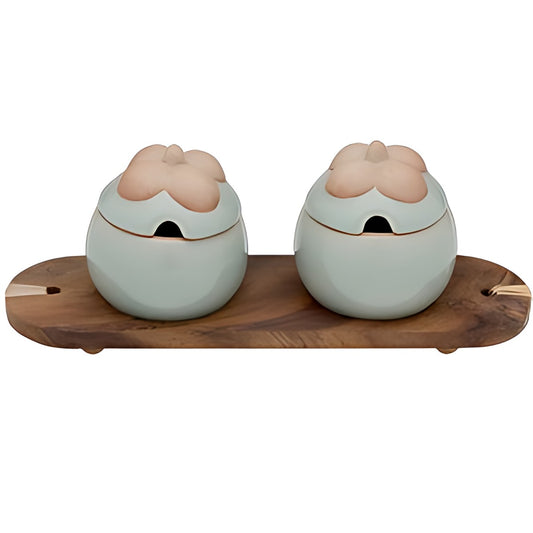 Celadon Lotus Bud Condiment Jars on Wooden Tray by Kazuri
