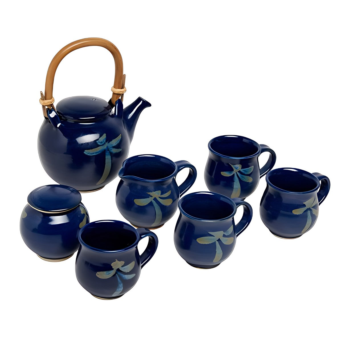 Auroville Stoneware Tea Set with Cane Handle by Kazuri