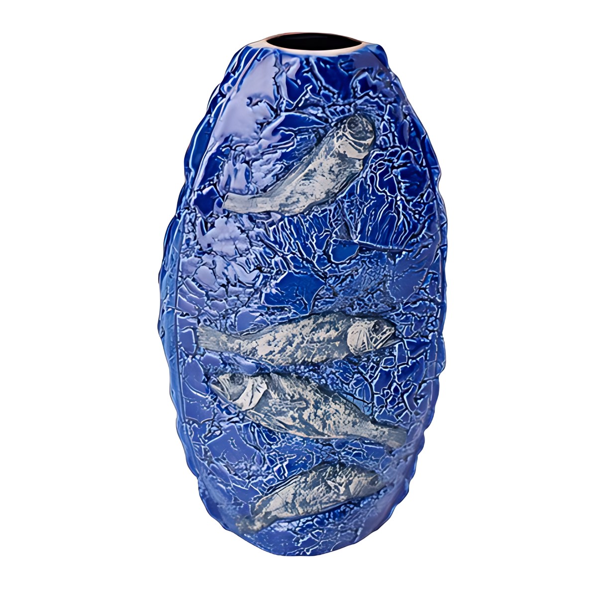 Tenmoku Pottery Fish Relief Vase by Kazuri