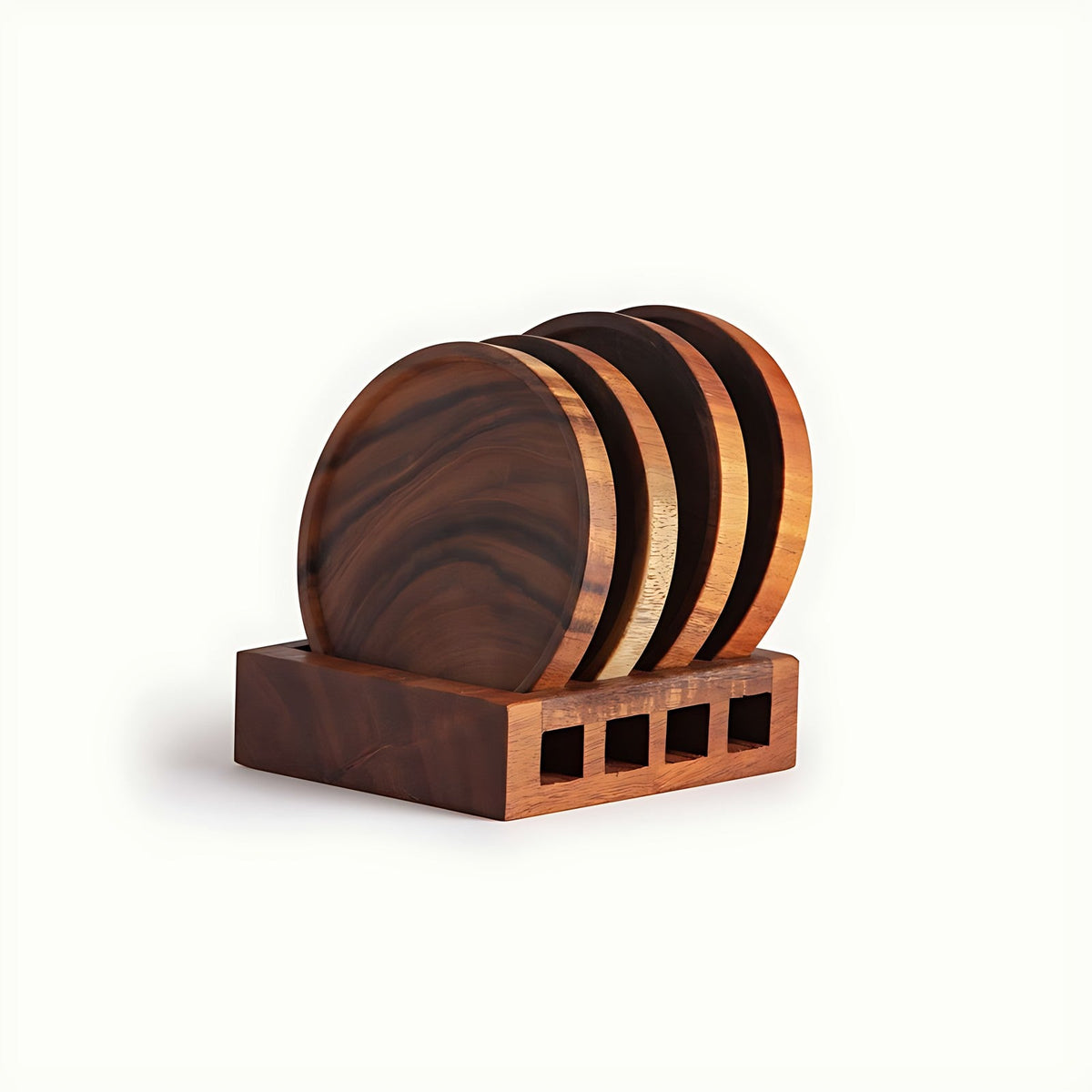 Acacia Wood Round Coasters with Stand (Set of 4) by Kazuri