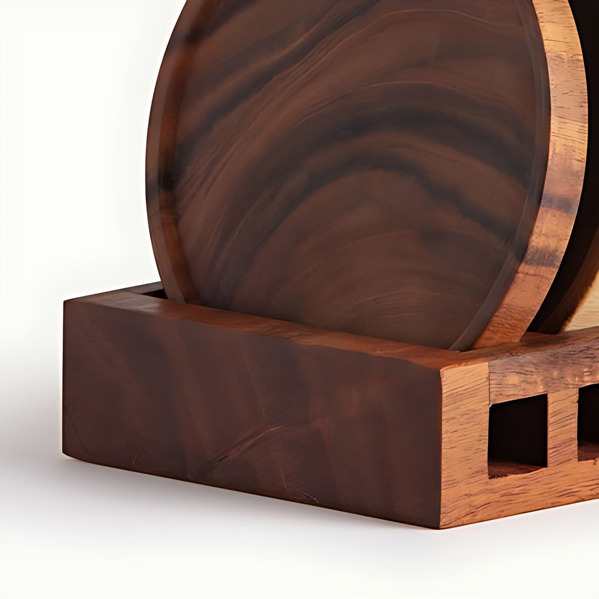 Acacia Wood Round Coasters with Stand (Set of 4) by Kazuri, photo 2 of 4