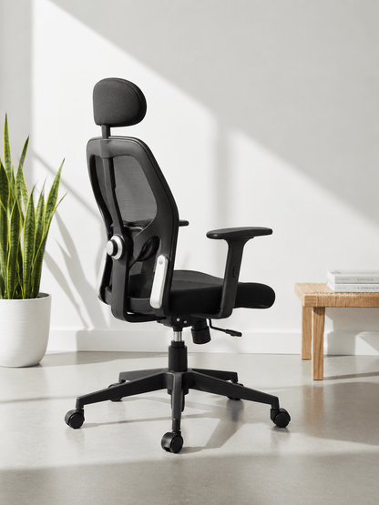 back view of black high-back ergonomic mesh revolving office chair with adjustable headrest, built-in lumbar support, adjustable armrests and nylon base with castors – Matrix HB by Kazuri