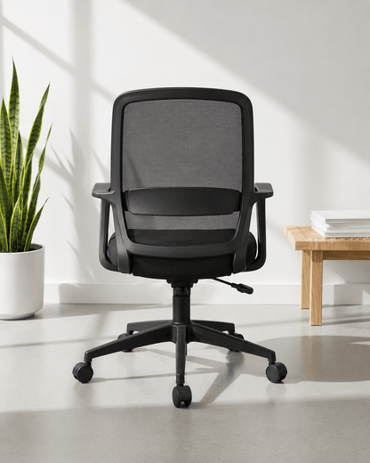 Rear view of Robo MB mid-back ergonomic office chair showing moulded foam back and nylon swivel base – Kazuri Store