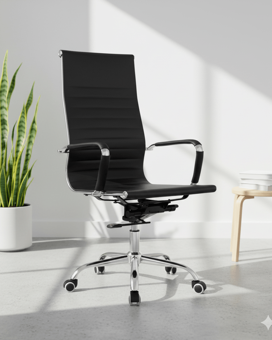 Front view of Sleek high back executive revolving office chair with cushioned seat and back, fixed armrests and premium chrome base – Kazuri Store