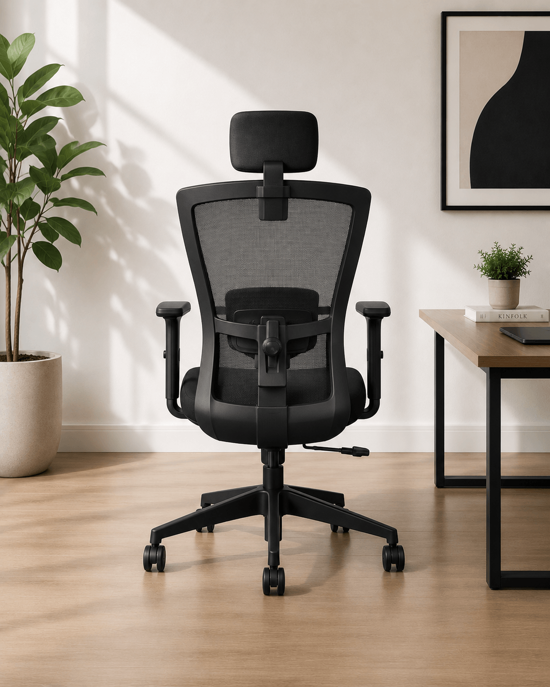 Rear view of Zinc HB high-back ergonomic mesh office chair showing breathable mesh back, adjustable lumbar support and nylon swivel base – Kazuri Store