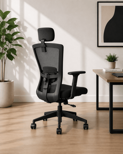 Side view of Zinc HB high-back ergonomic mesh office chair showing seat cushion depth, headrest height and gas lift column – Kazuri Store